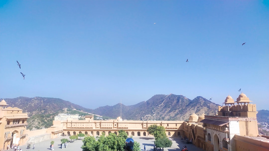 a bird flying over a building with mountains in the background