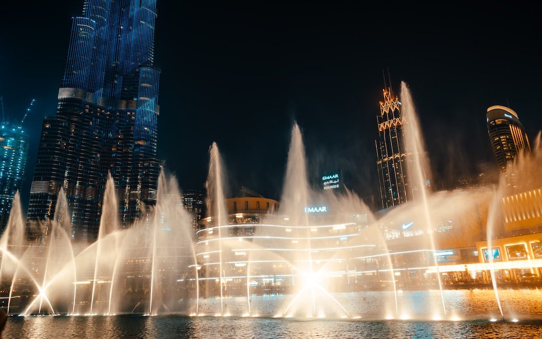 water fountain in the city during night time