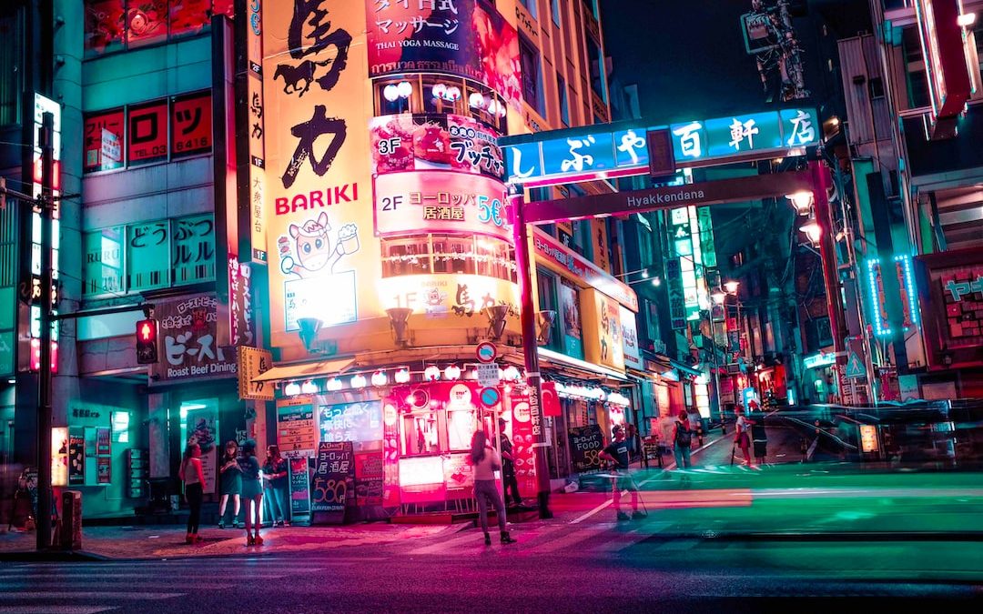 group of people standing on street on night time cartoon