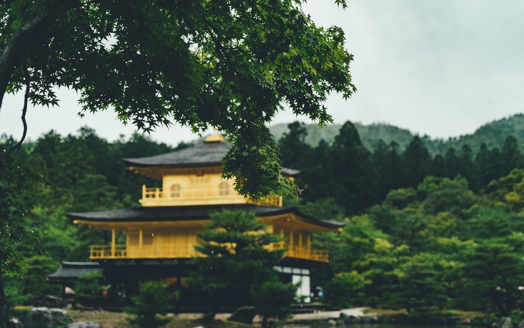 brown wooden temple beside green trees