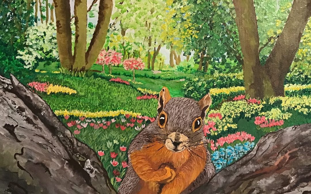 brown squirrel on tree branch painting