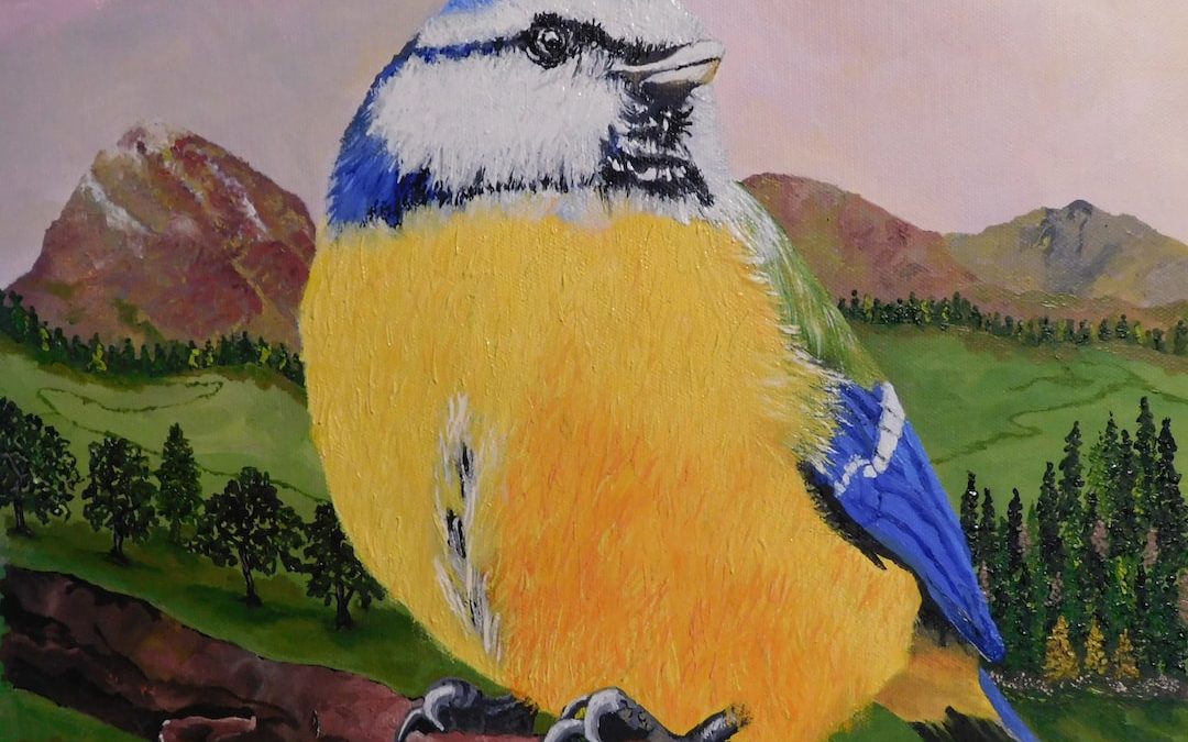 a painting of a blue and yellow bird on a branch