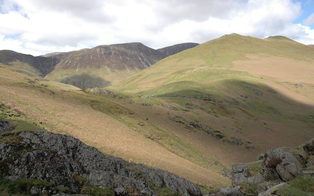 a grassy valley with rocks