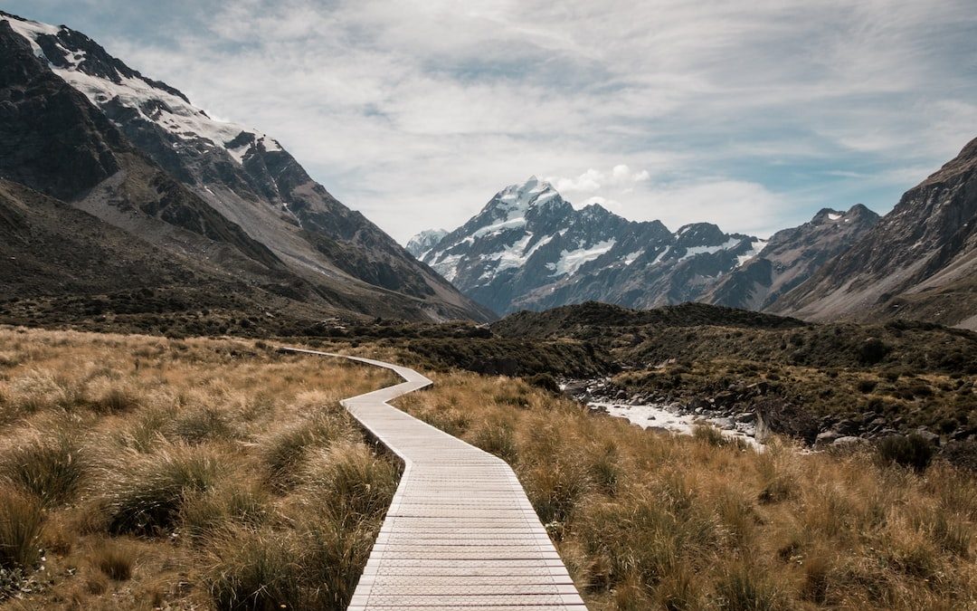 brown wooden dock towards mountain near creek and glacier mountains