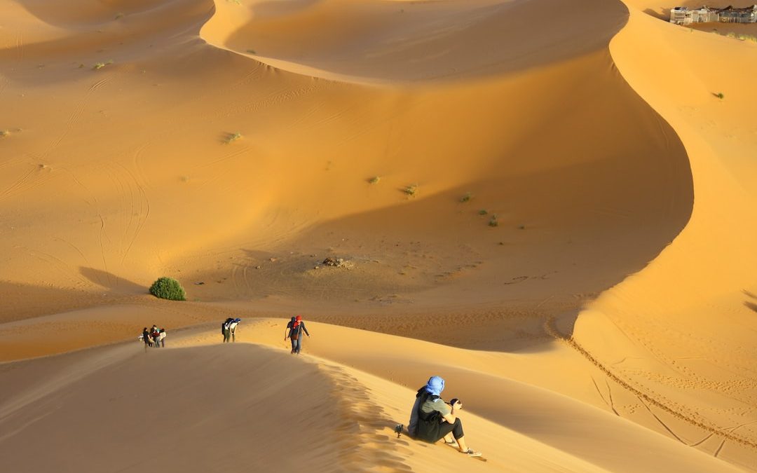 group of people standing on desert