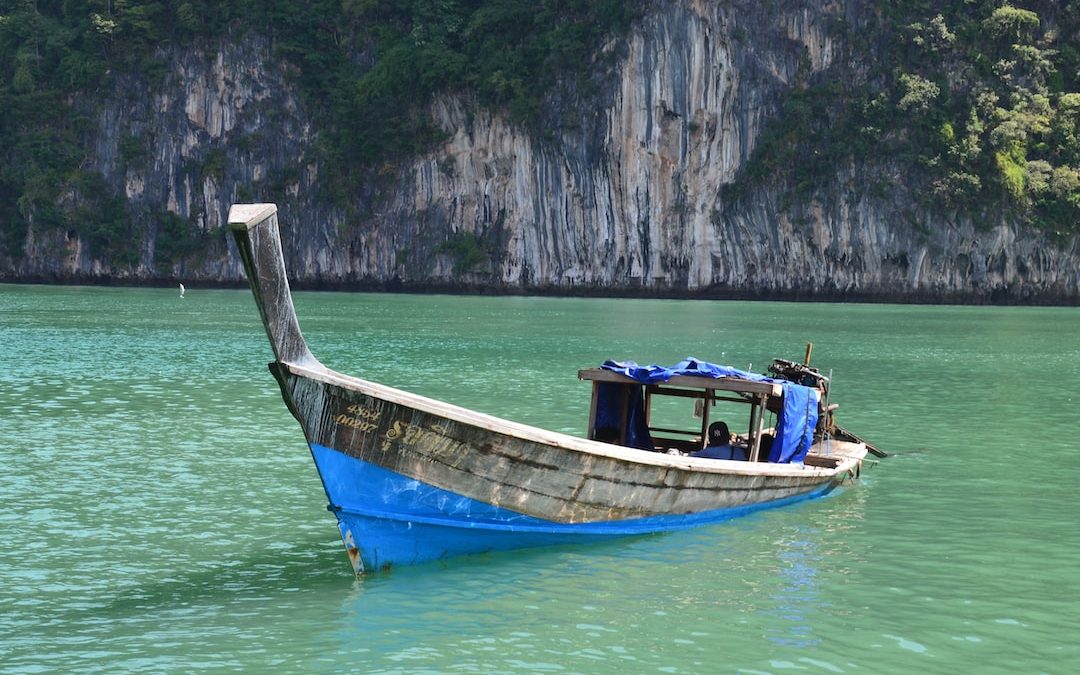 blue and brown boat on body of water during daytime