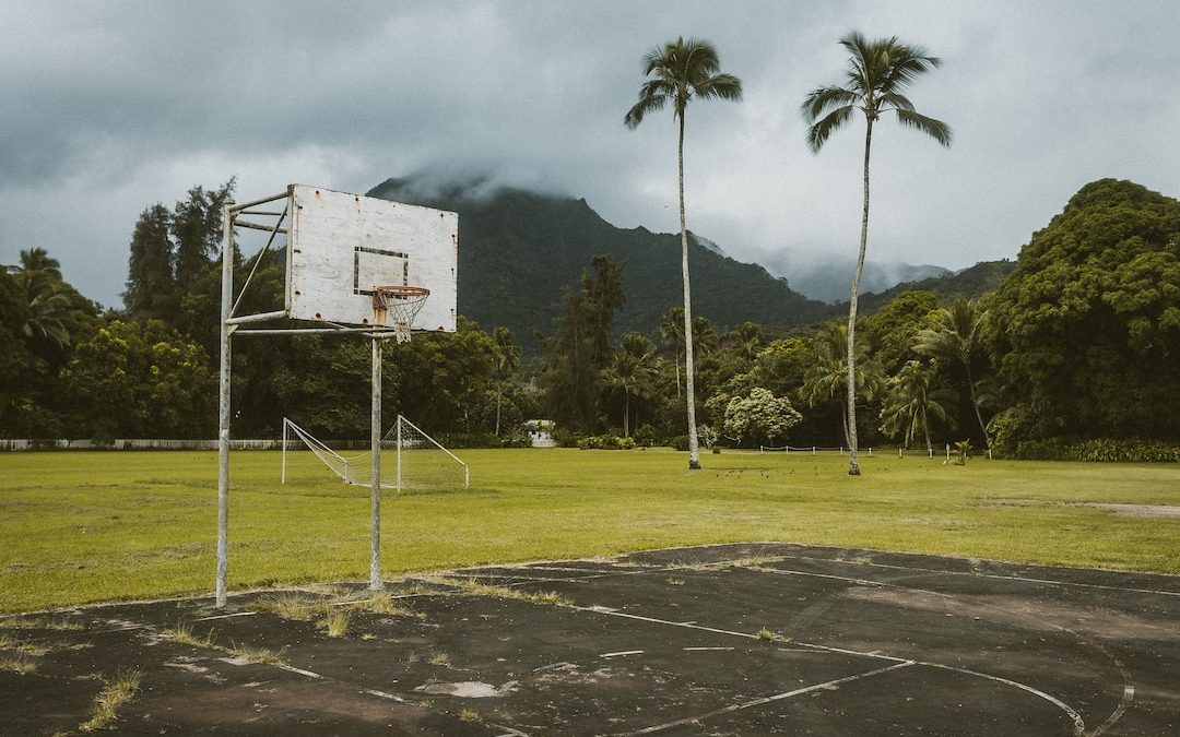 white and red basketball hoop near green grass field during daytime