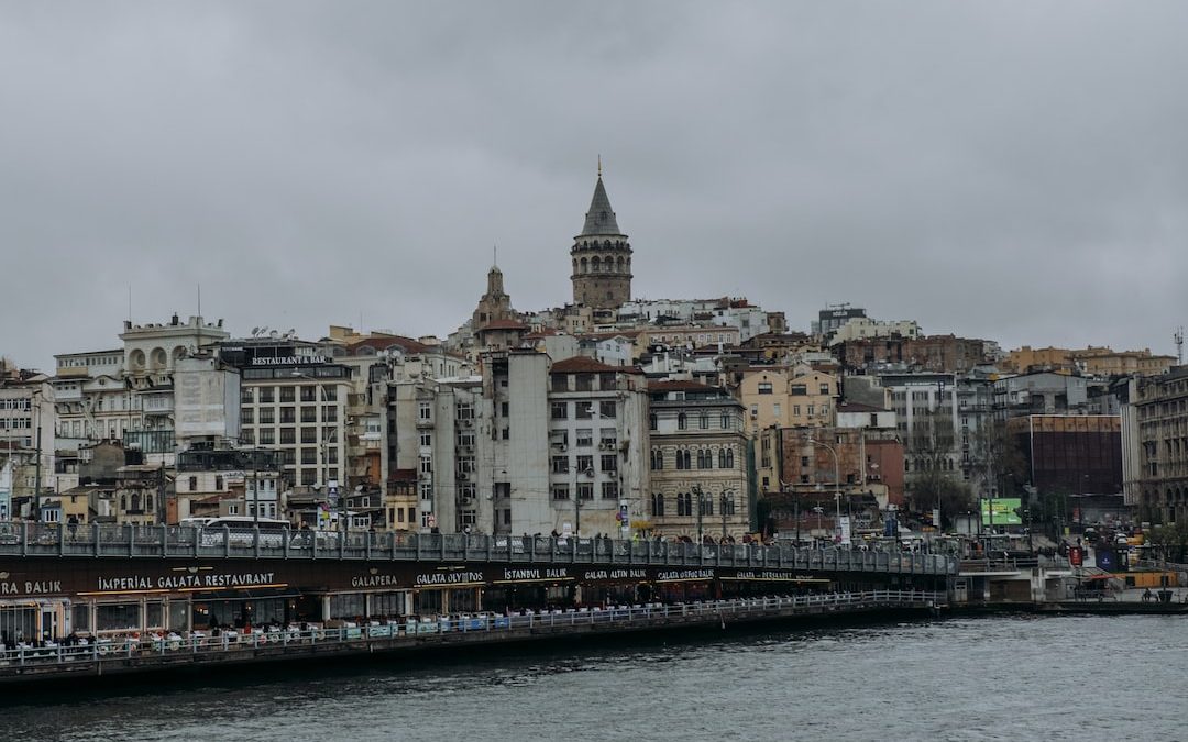 a bridge over a body of water with buildings in the background