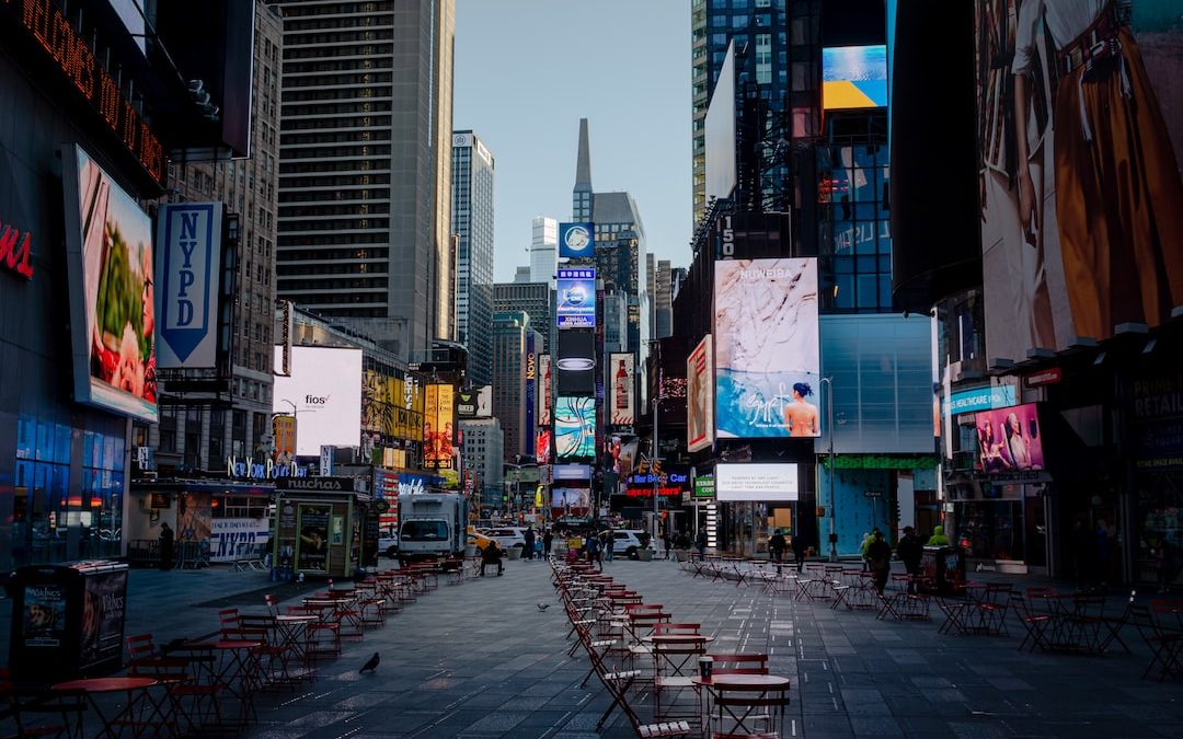 Times Square street with tables and chairs