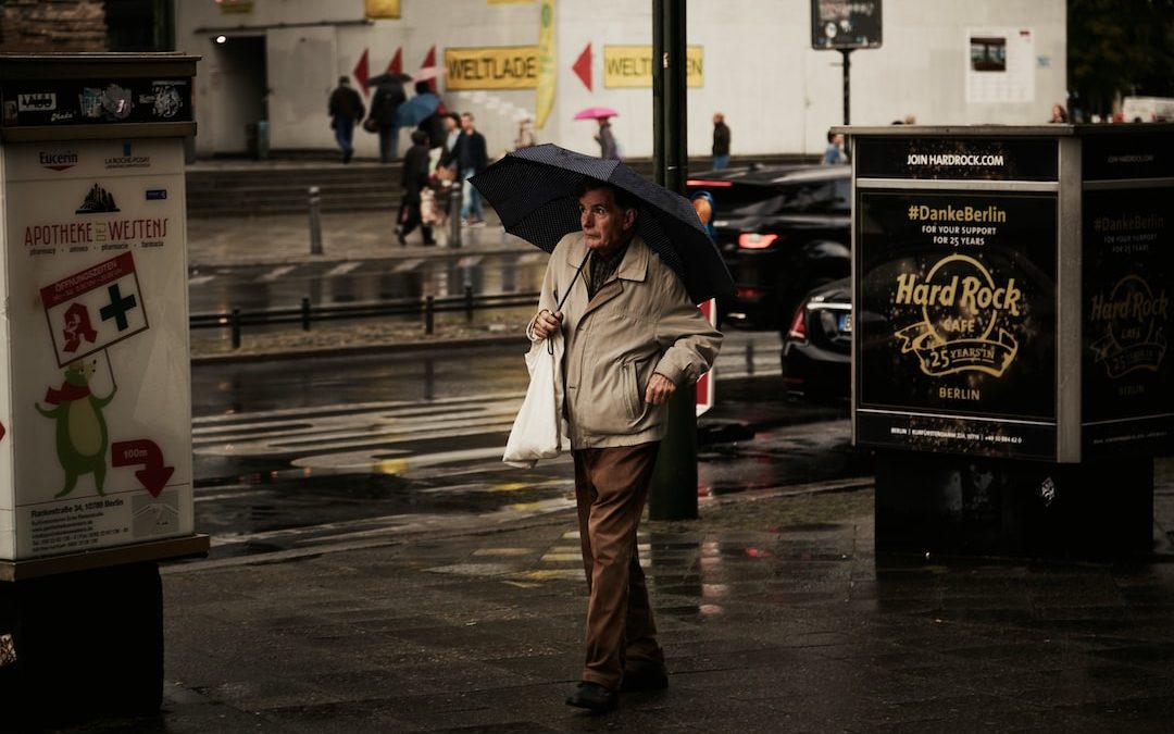woman in brown coat holding umbrella walking on sidewalk during daytime