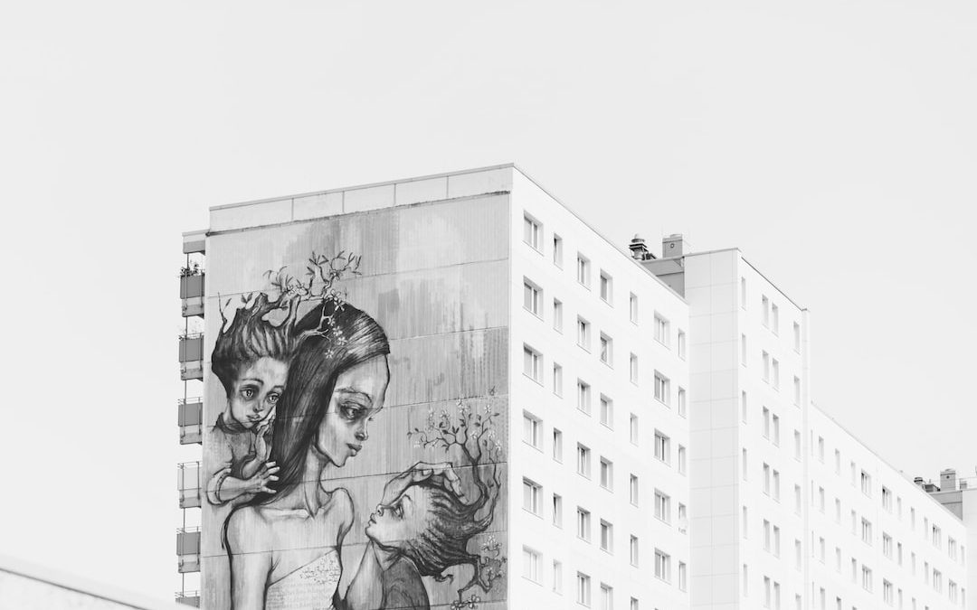 grayscale photo of painted building