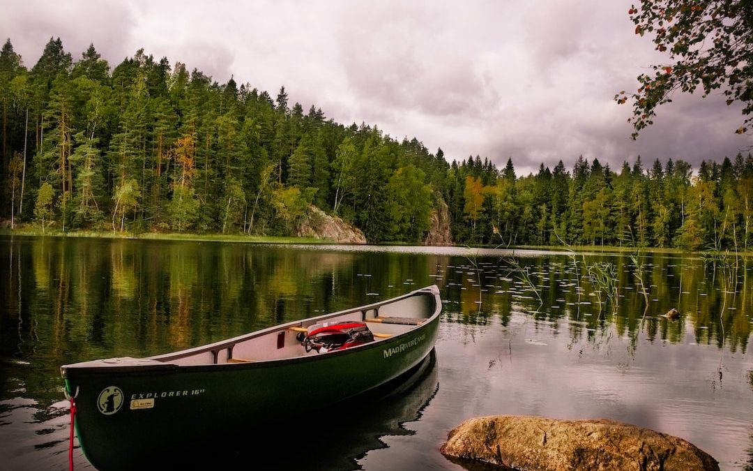 red and white canoe on lake near green trees under white clouds during daytime