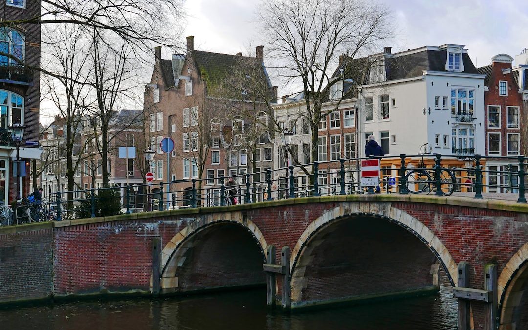 a bridge over a body of water with buildings in the background