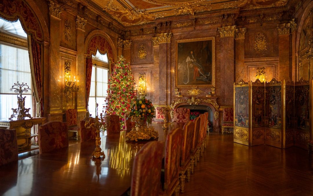 a large room with a christmas tree