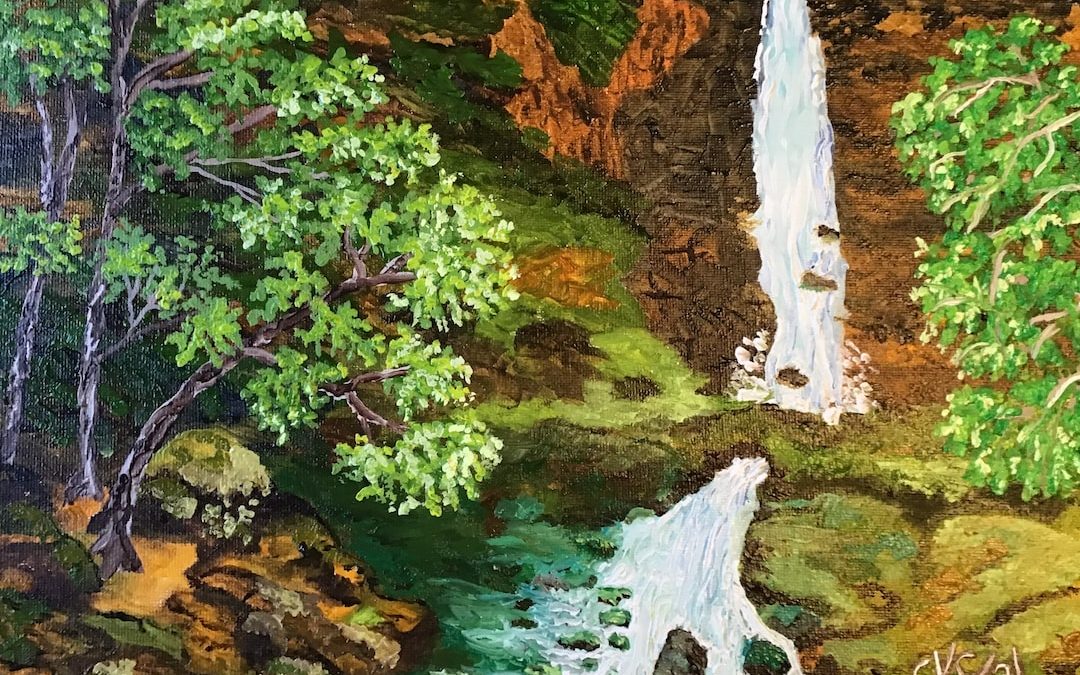 a painting of a waterfall surrounded by trees