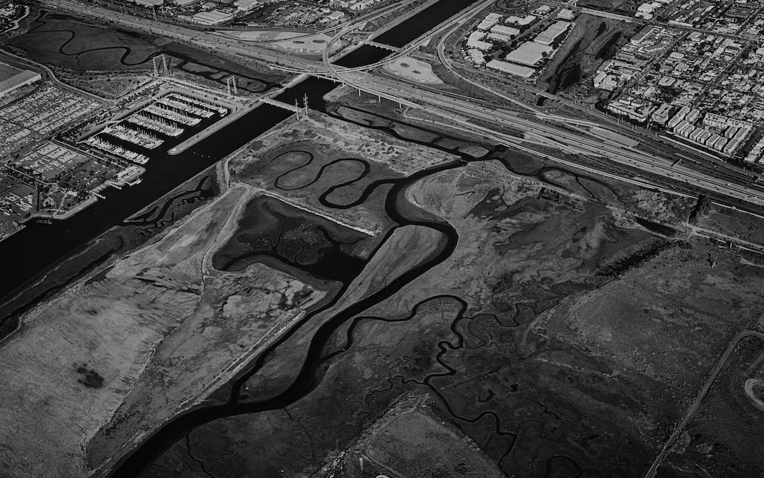 grayscale aerial photo of land