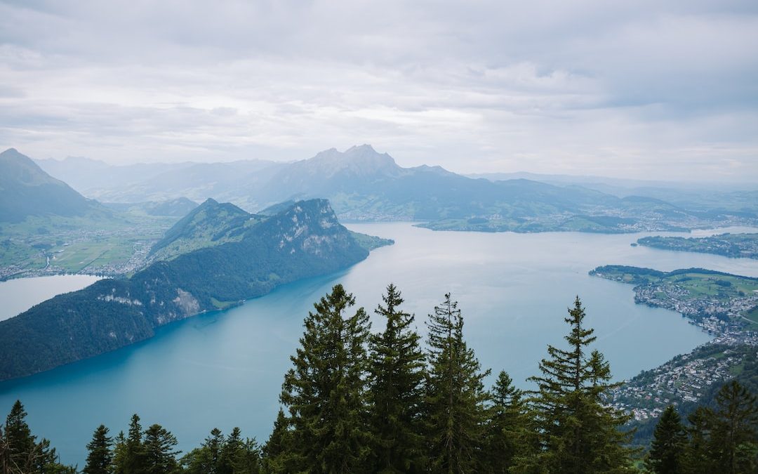 a lake surrounded by trees and mountains