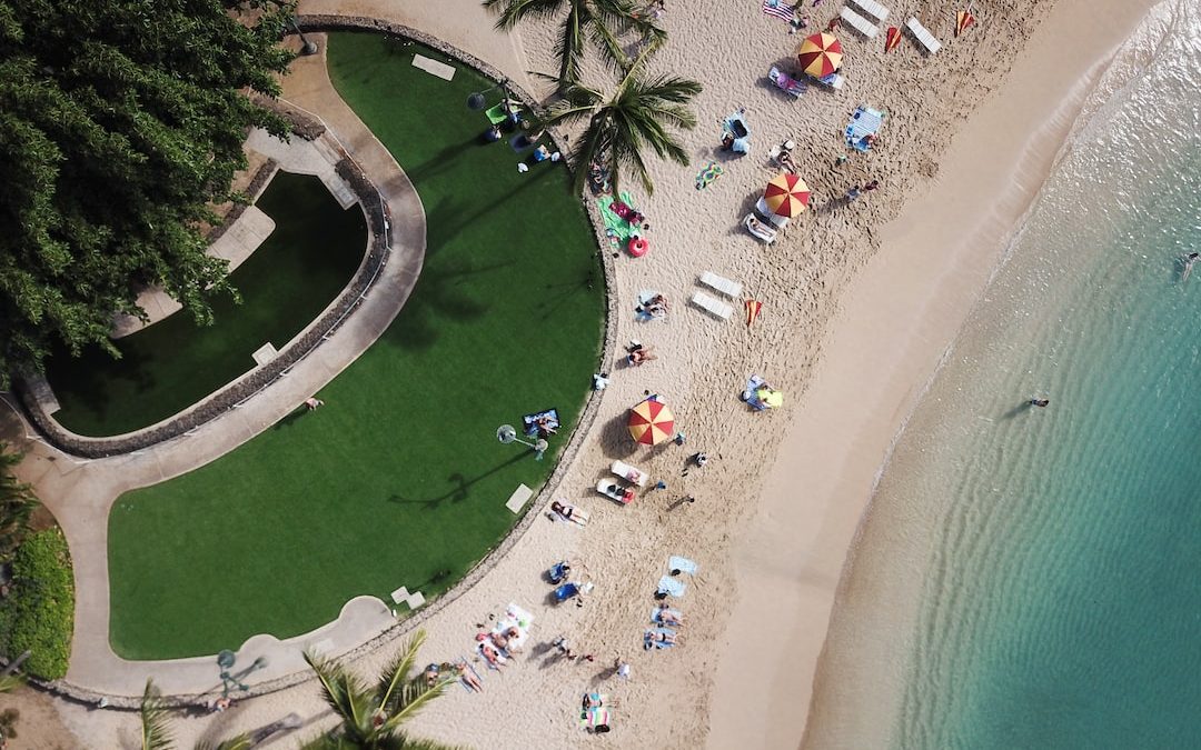 aerial photo of people near body of water and golf course during daytime