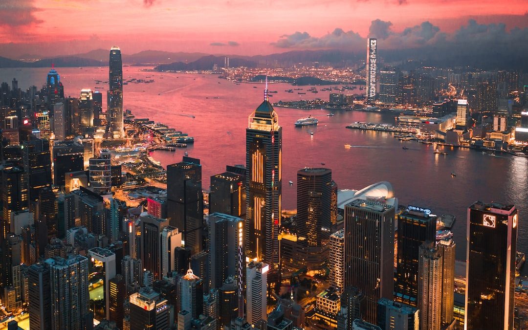 aerial view of city buildings during night time