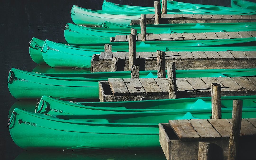 green wooden canoes docks near gray wooden sea docks