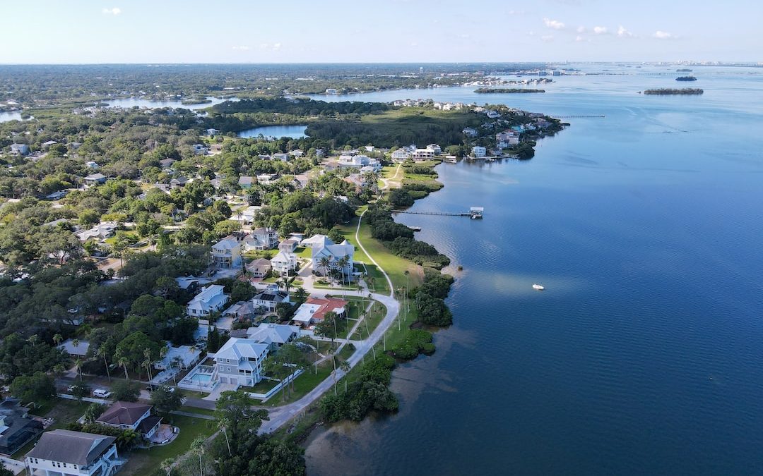 an aerial view of a small town by the water