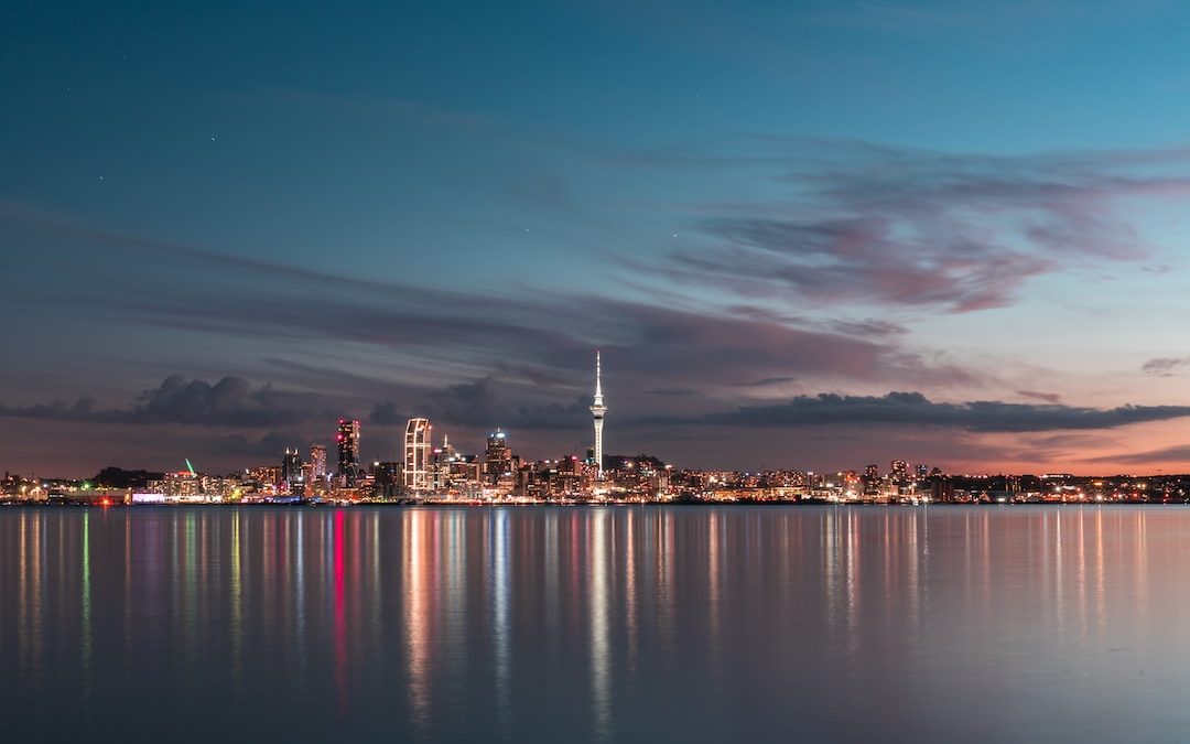 city skyline across body of water during night time