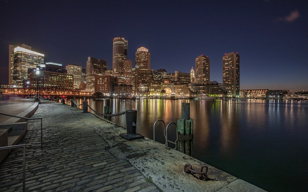 city skyline across body of water during night time