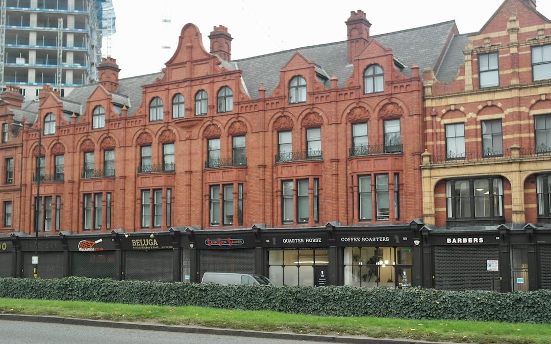 a brick building with many windows