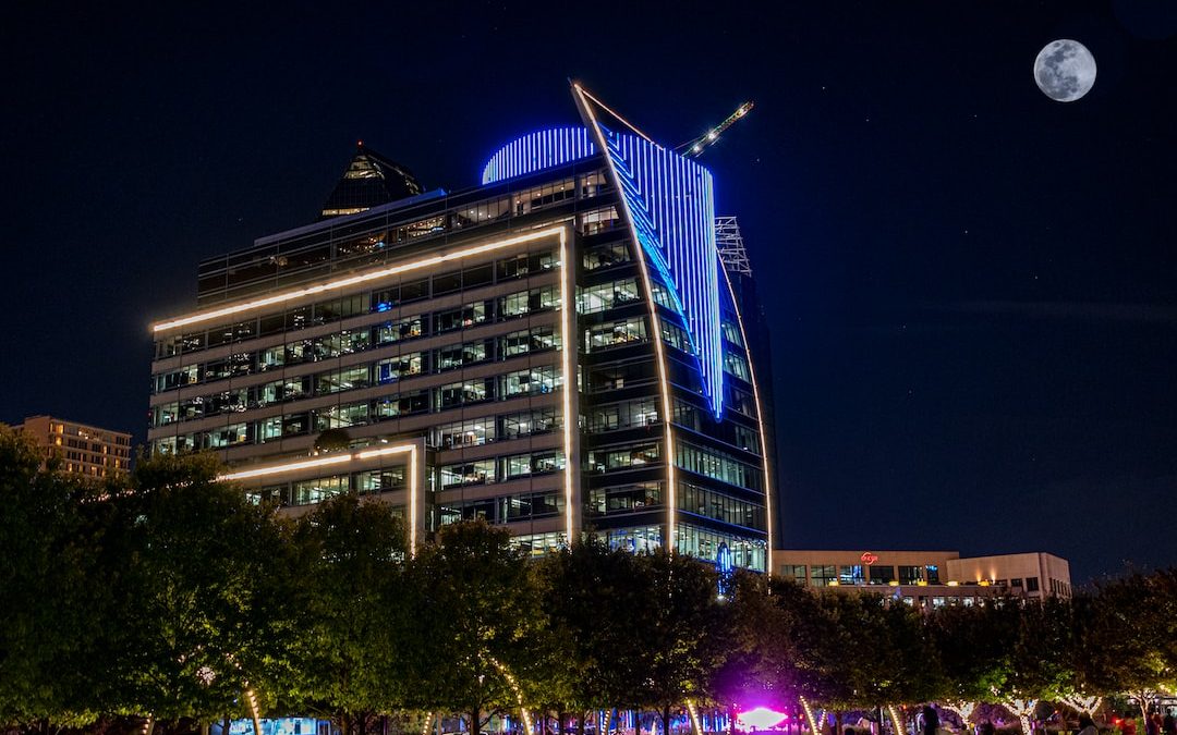 lit building at night