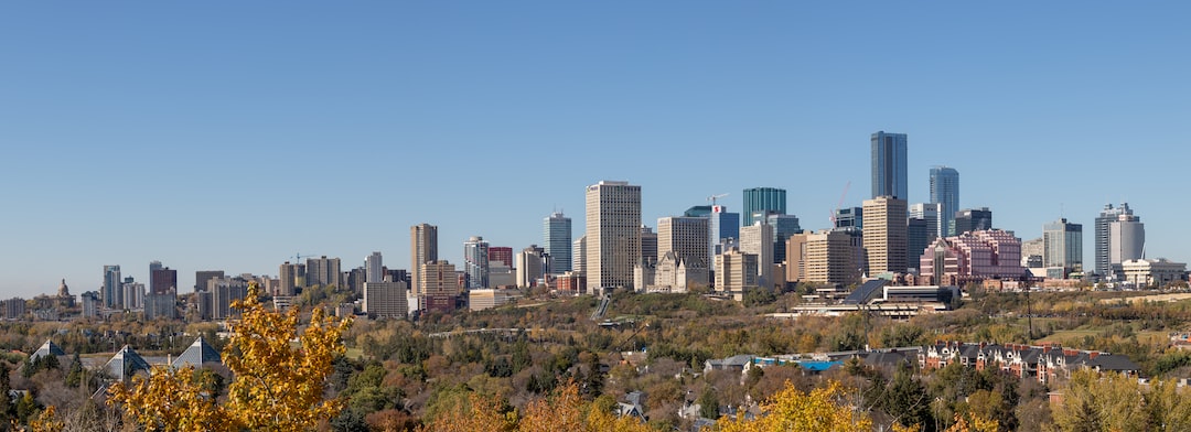 a city skyline with trees and grass