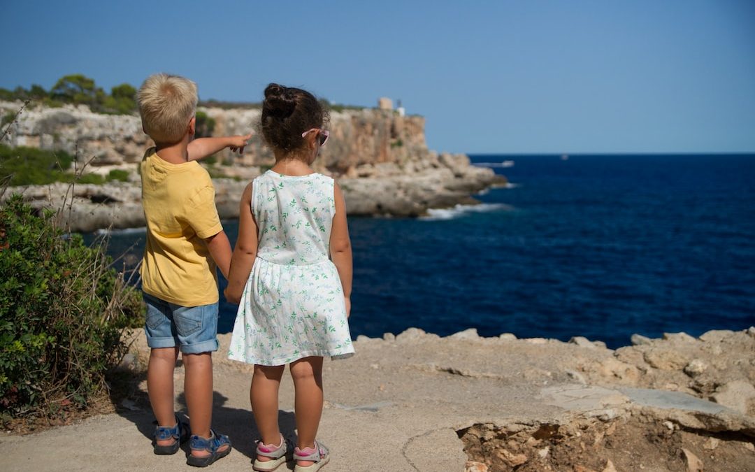 two children standing near cliff watching on ocean at daytime