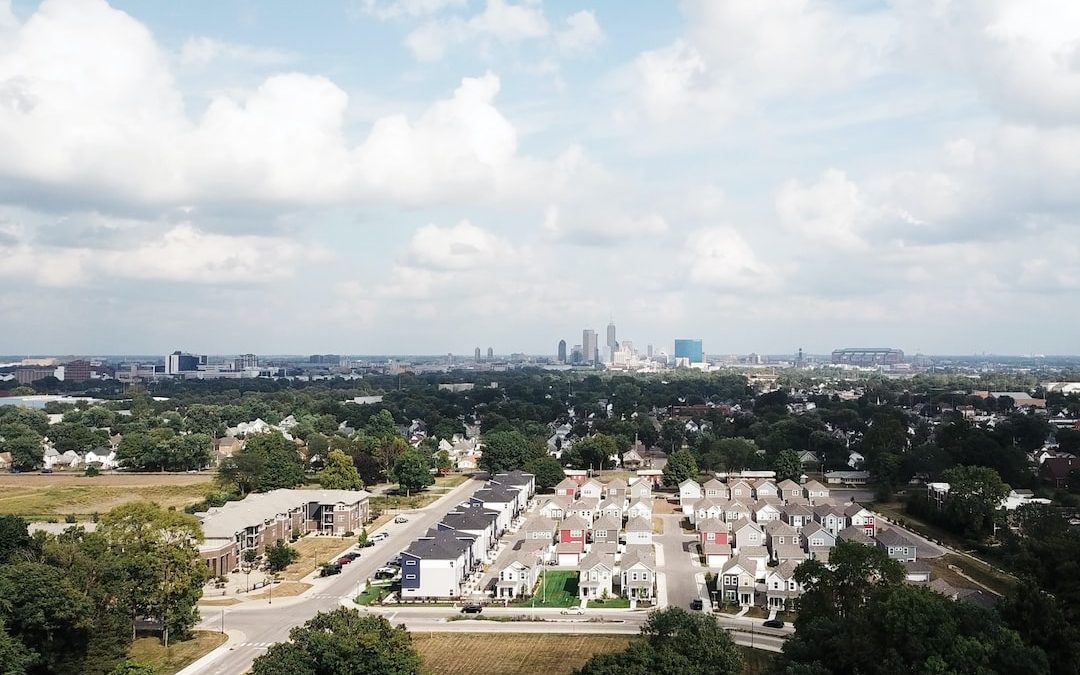 an aerial view of a city with lots of buildings