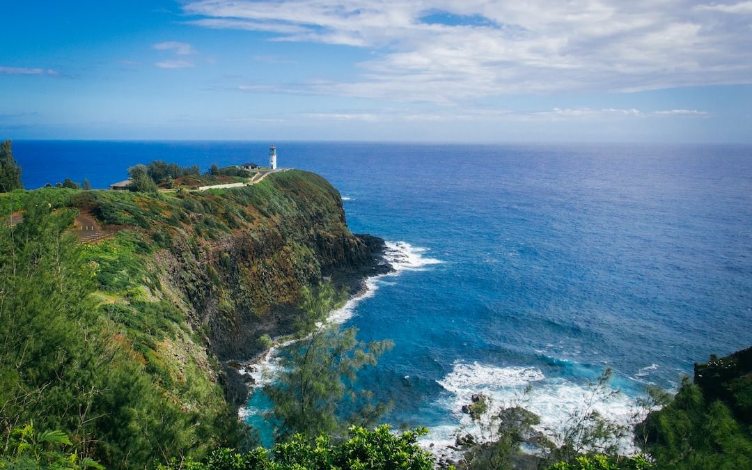 white lighthouse tower over the cliff