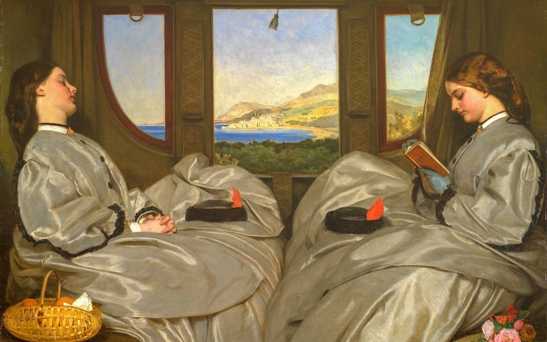 a painting of two women in bed looking out a window