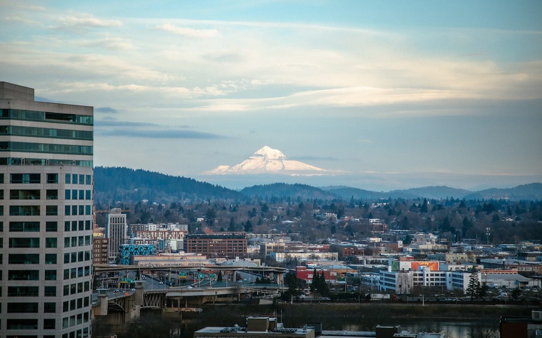 a view of a city with a mountain in the background