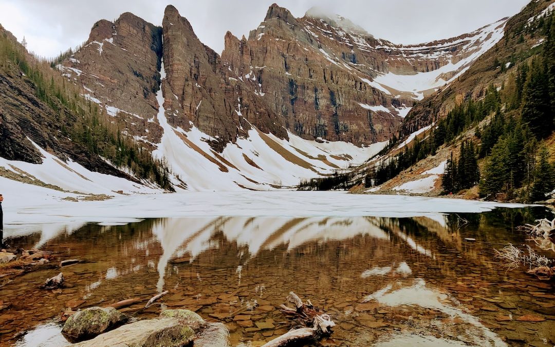 a river running through a snowy mountainous region