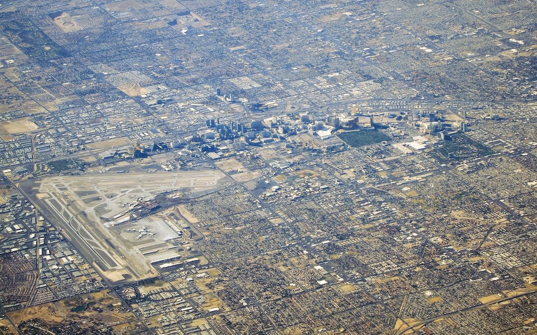 an aerial view of a city from an airplane