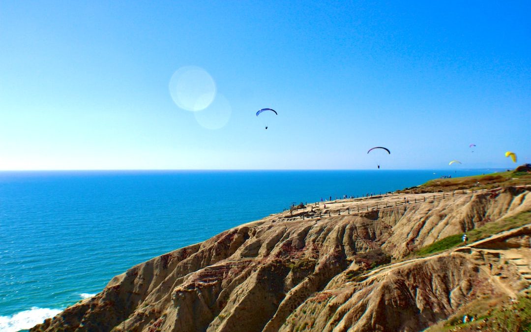 a group of people flying kites over the ocean