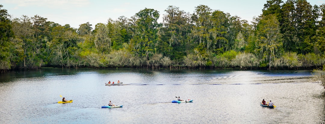 a group of people in canoes paddling down a river