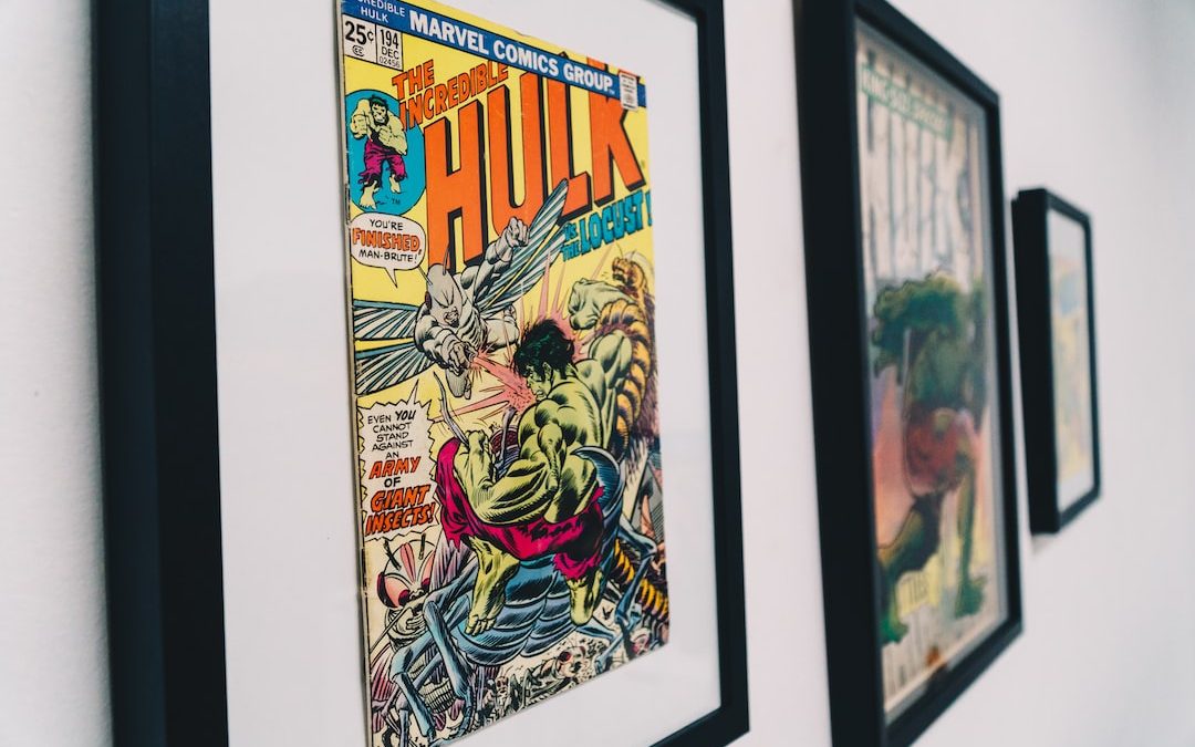 black wooden framed The Incredible Hulk comic book
