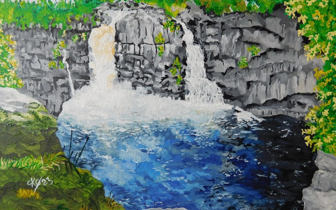 a painting of a waterfall in the woods