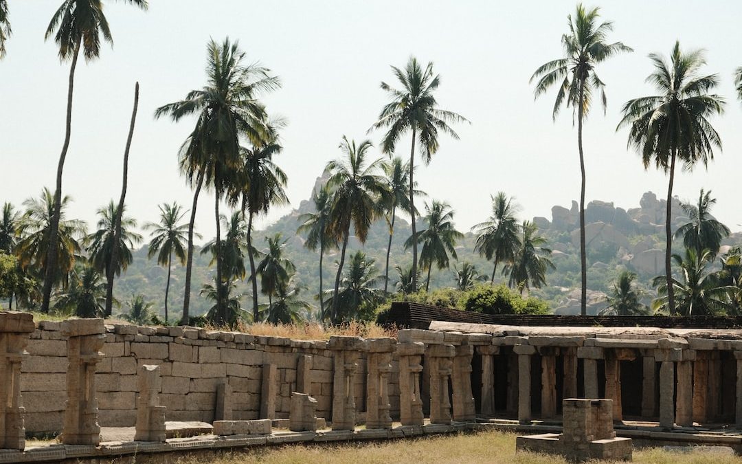 the ruins of a building with palm trees in the background