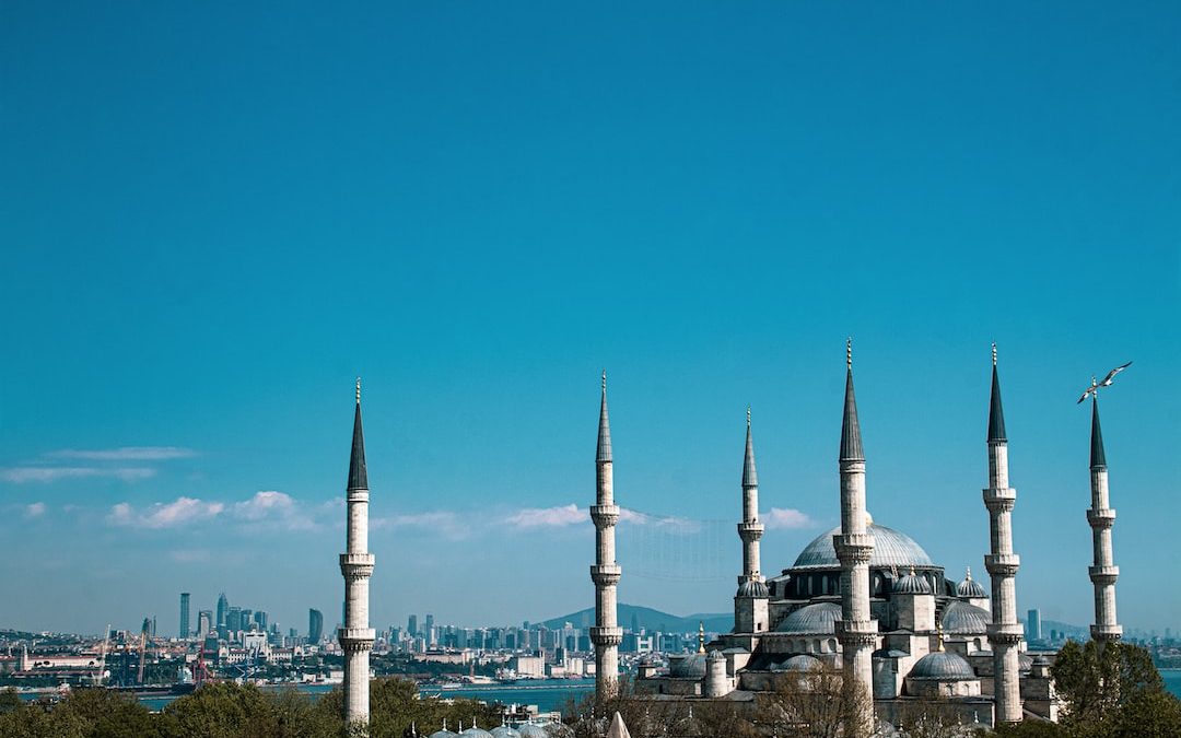 a view of a large building with many spires