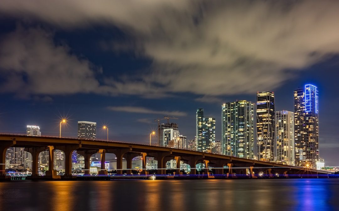 a bridge over water with a city in the background