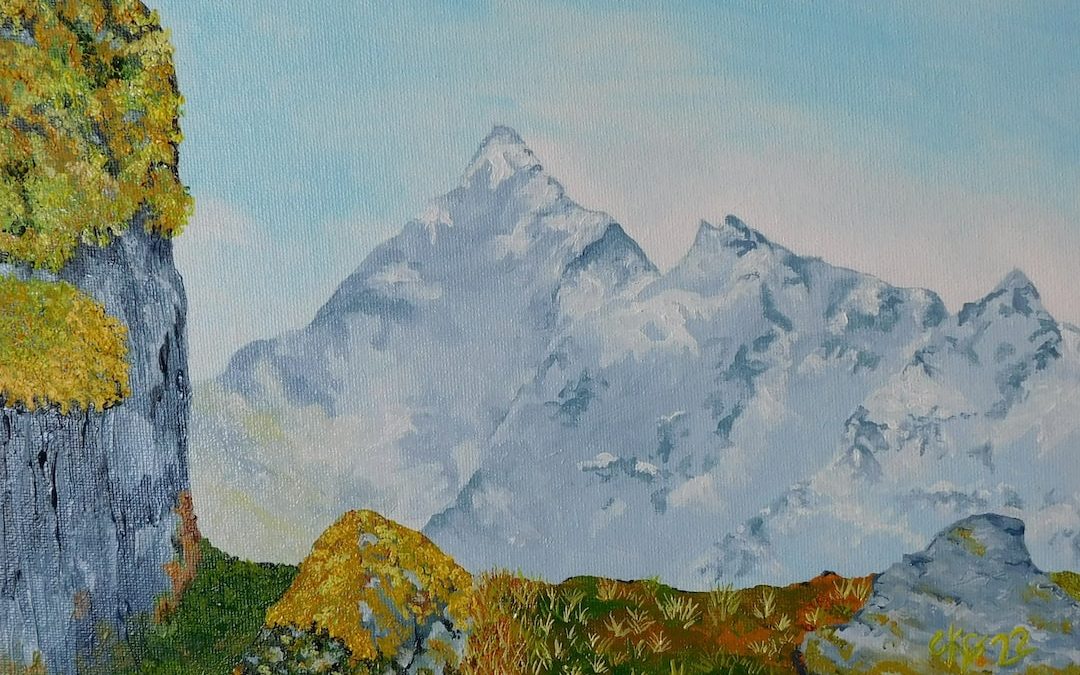 a painting of a mountain range with trees