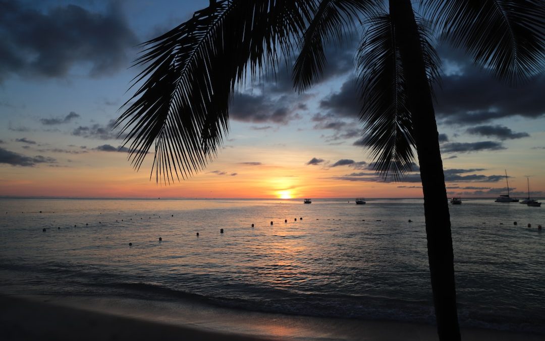 the sun is setting over the ocean with boats in the water