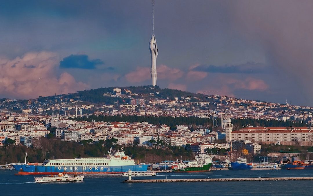 a large body of water with a city in the background