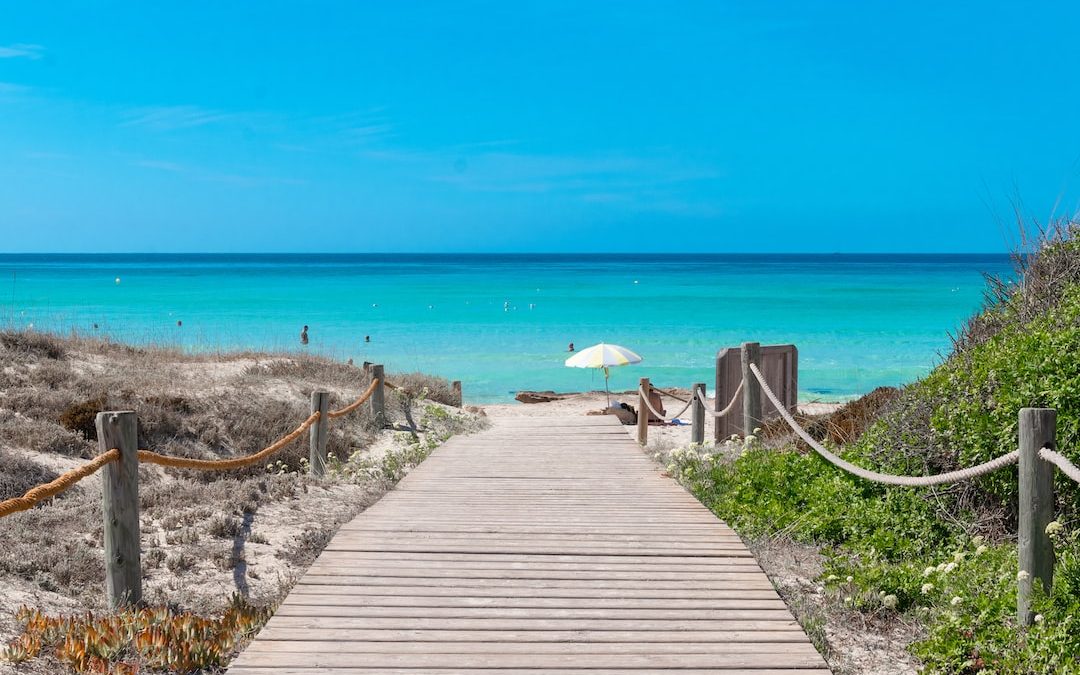 a wooden walkway to a beach